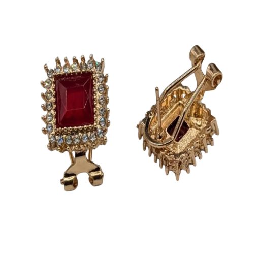 Gold-Plated Ruby Stone Earrings with Zircon Border