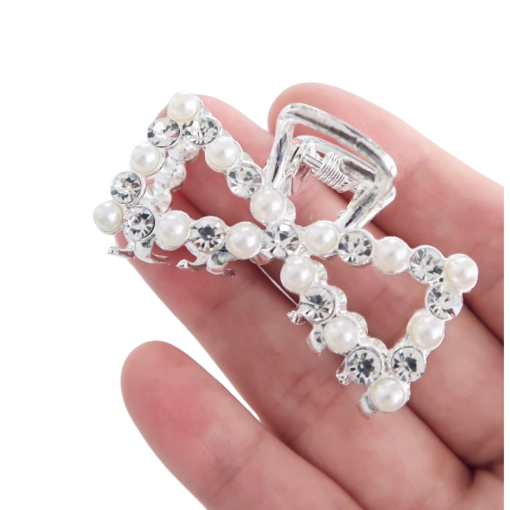 Silver Pearl Bow Hair Claw Clip