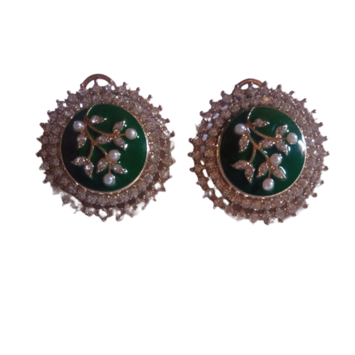 Gold Plated Green Kundan Round Earrings with Pearl & CZ Stones