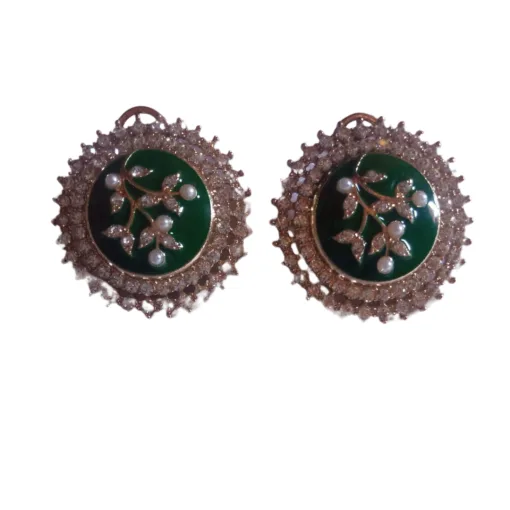 Gold Plated Green Kundan Round Earrings with Pearl & CZ Stones